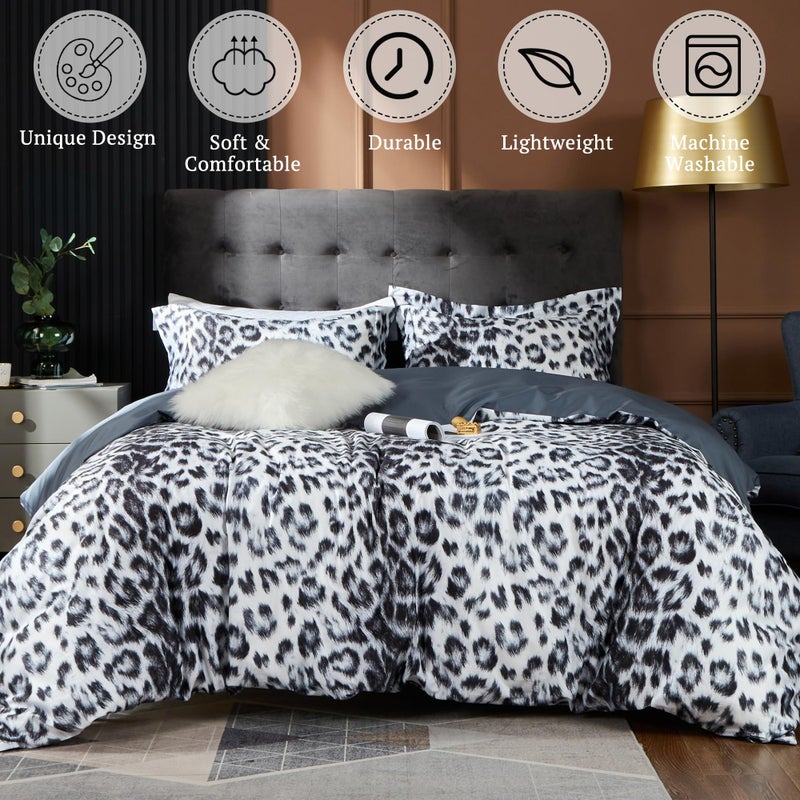 MILDLY 100% Long Staple Cotton Duvet Cover Set Leopard Print Designed Pattern Comforter Cover Set White & Black Cheetah Animal - Image 2